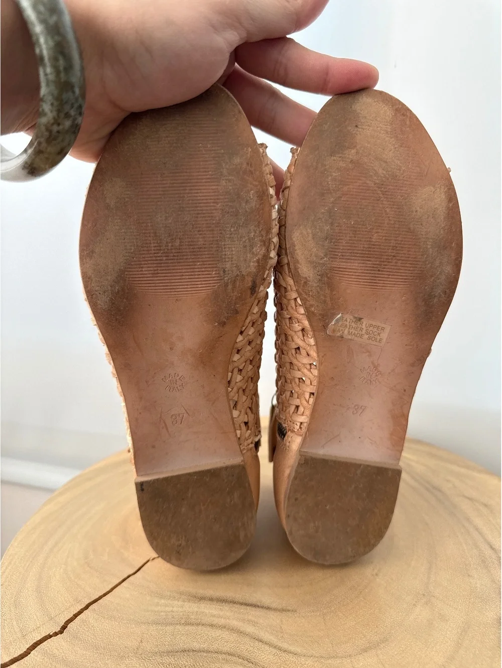 Sundance Asheville Woven Leather Booties 37 Tan Peep Toe Made in Italy
